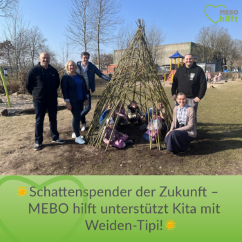 Unser Verein MEBO hilft engagiert sich für soziale und nachhaltige Projekte in unserer Region. Dieses Mal durften wir die Kita Kindertagesstätte IM STREEM in Wahlstedt unterstützen und haben einen Weiden-Tipi Bausatz im Wert von 438 € gekauft und gespendet.
